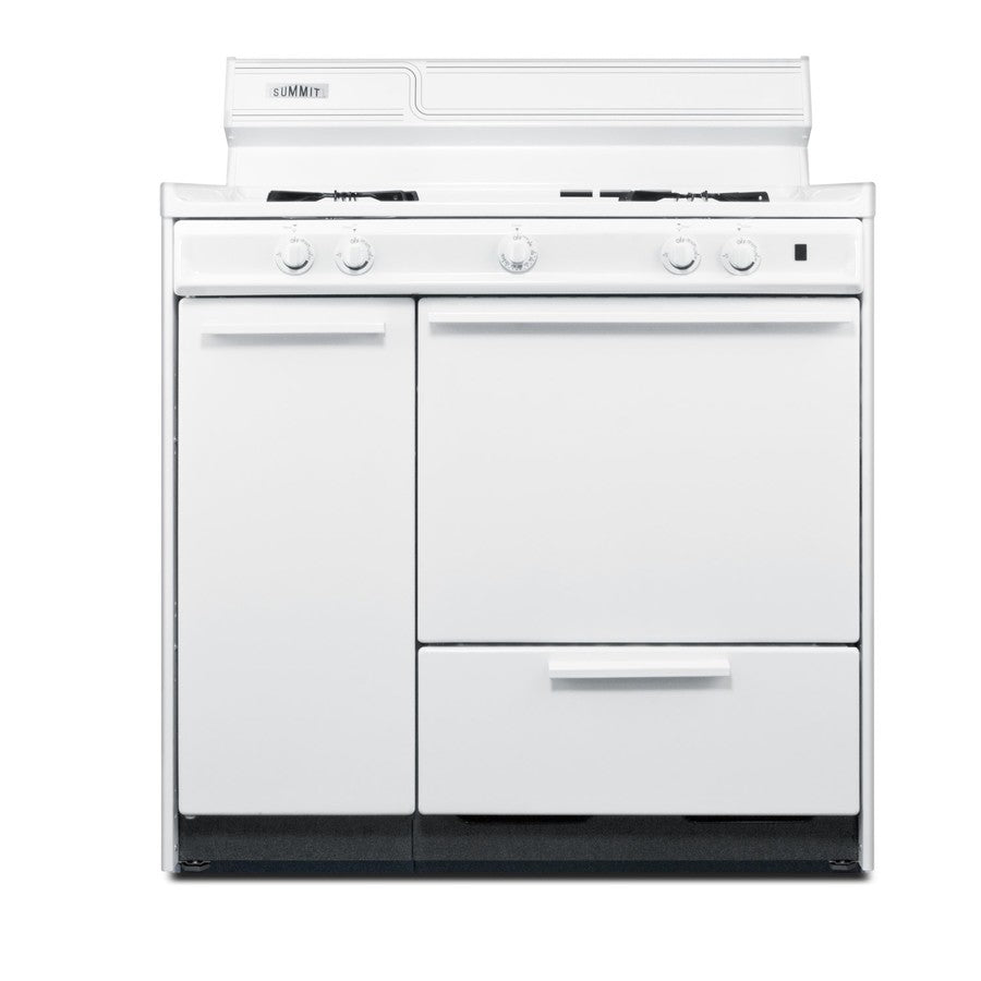 36" Wide Gas Range in White with Open Burners, Storage Compartment, and Battery-start Ignition