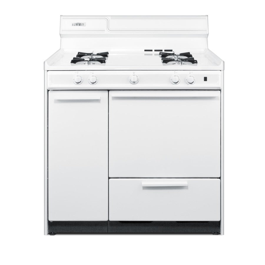 36" Wide Gas Range in White with Open Burners, Storage Compartment, and Battery-start Ignition