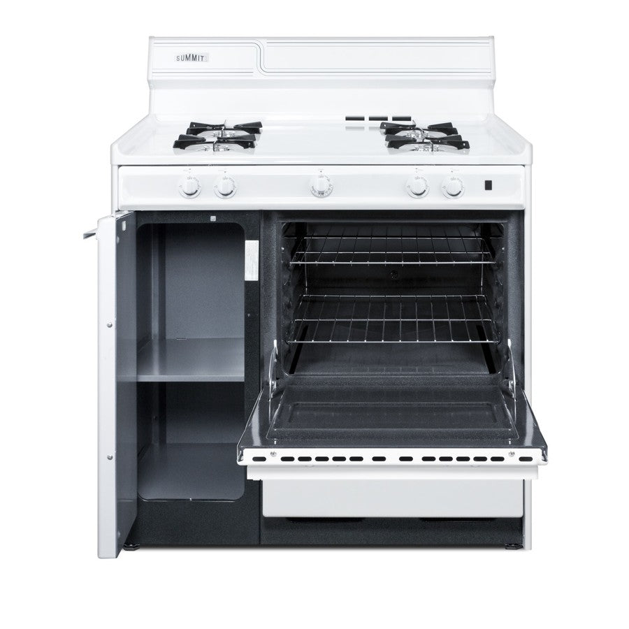 36" Wide Gas Range in White with Open Burners, Storage Compartment, and Battery-start Ignition