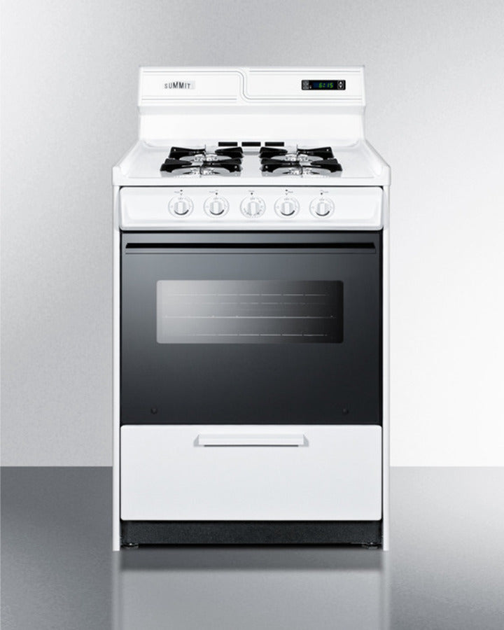 24" Wide Gas Range in White with Open Burners, Black Door, Oven Window, High Backguard, and Spark Ignition