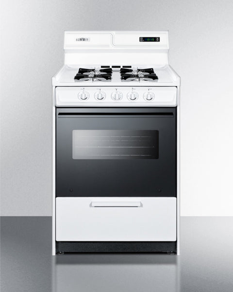 24" Wide Gas Range in White with Open Burners, Black Door, Oven Window, High Backguard, and Spark Ignition