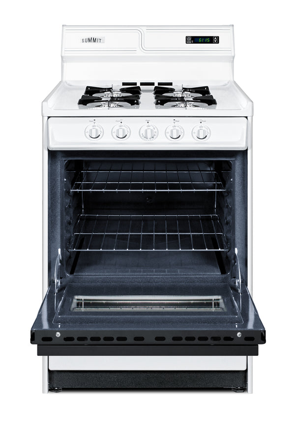 24" Wide Gas Range in White with Open Burners, Black Door, Oven Window, High Backguard, and Spark Ignition