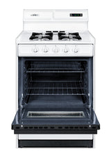 24" Wide Gas Range in White with Open Burners, Black Door, Oven Window, High Backguard, and Spark Ignition