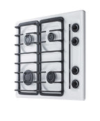 Accucold 24" wide gas cooktop with four sealed burners, white porcelain surface, and cast iron grates; made in the USA