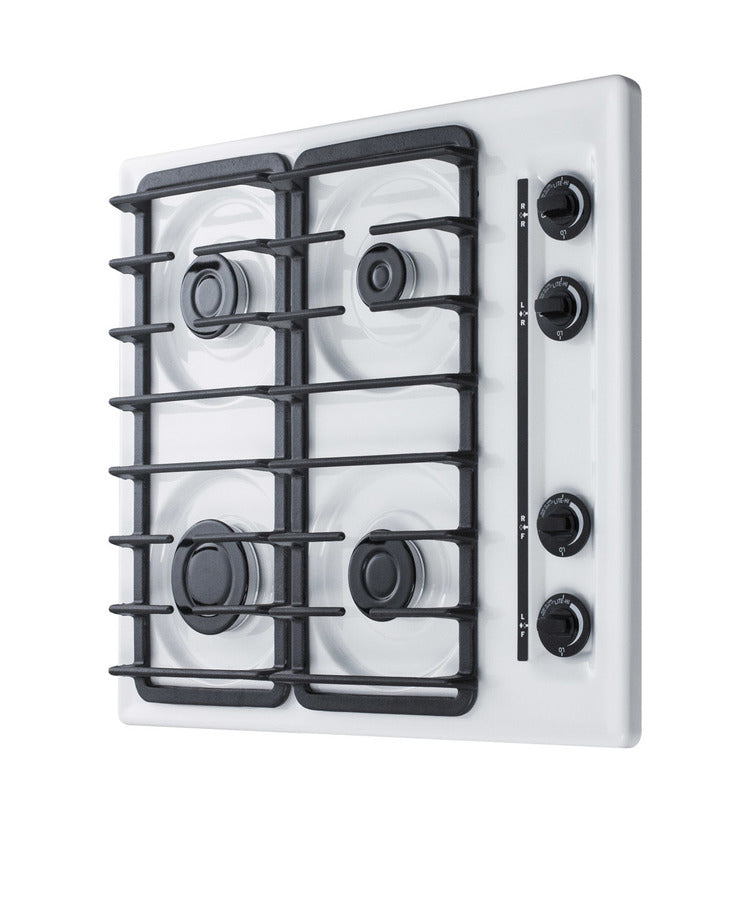 Accucold 24" wide gas cooktop with four sealed burners, white porcelain surface, and cast iron grates; made in the USA