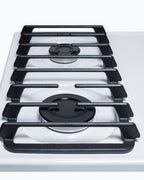 Accucold 24" wide gas cooktop with four sealed burners, white porcelain surface, and cast iron grates; made in the USA