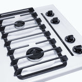 Accucold 24" wide gas cooktop with four sealed burners, white porcelain surface, and cast iron grates; made in the USA