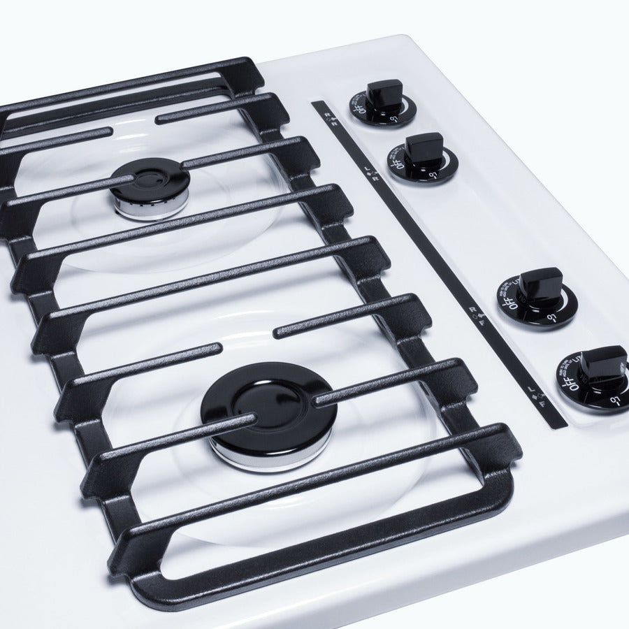 Accucold 24" wide gas cooktop with four sealed burners, white porcelain surface, and cast iron grates; made in the USA