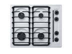 Accucold 24" wide gas cooktop with four sealed burners, white porcelain surface, and cast iron grates; made in the USA