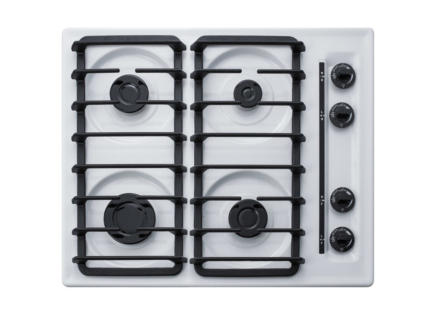 Accucold 24" wide gas cooktop with four sealed burners, white porcelain surface, and cast iron grates; made in the USA
