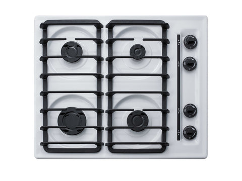 Accucold 24" wide gas cooktop with four sealed burners, white porcelain surface, and cast iron grates; made in the USA