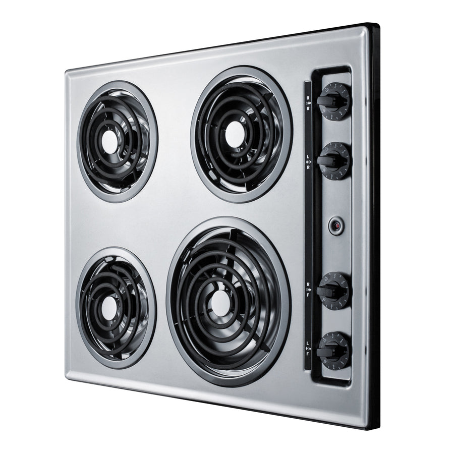 24" wide 4-burner cooktop with coil elements in chrome finish; made in the USA - Angle