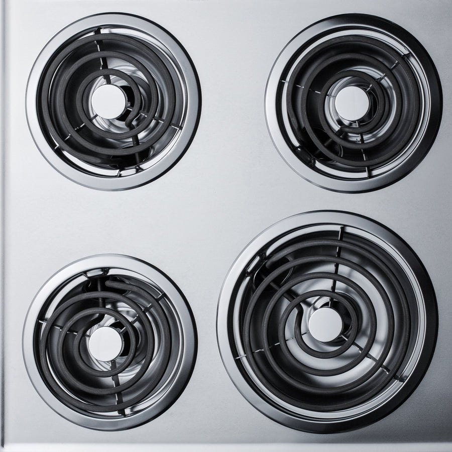 24" wide 4-burner cooktop with coil elements in chrome finish; made in the USA - Detail