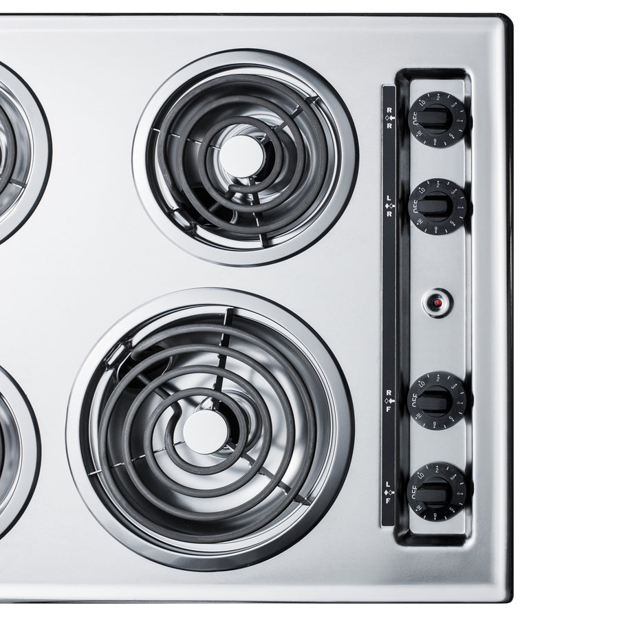 24" wide 4-burner cooktop with coil elements in chrome finish; made in the USA - Detail
