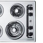 24" wide 4-burner cooktop with coil elements in chrome finish; made in the USA - Detail