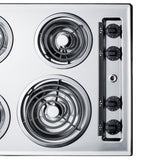 24" wide 4-burner cooktop with coil elements in chrome finish; made in the USA - Detail