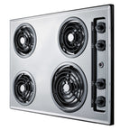 30" wide 4-burner cooktop with coil elements in chrome finish; made in the USA