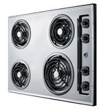 30" wide 4-burner cooktop with coil elements in chrome finish; made in the USA