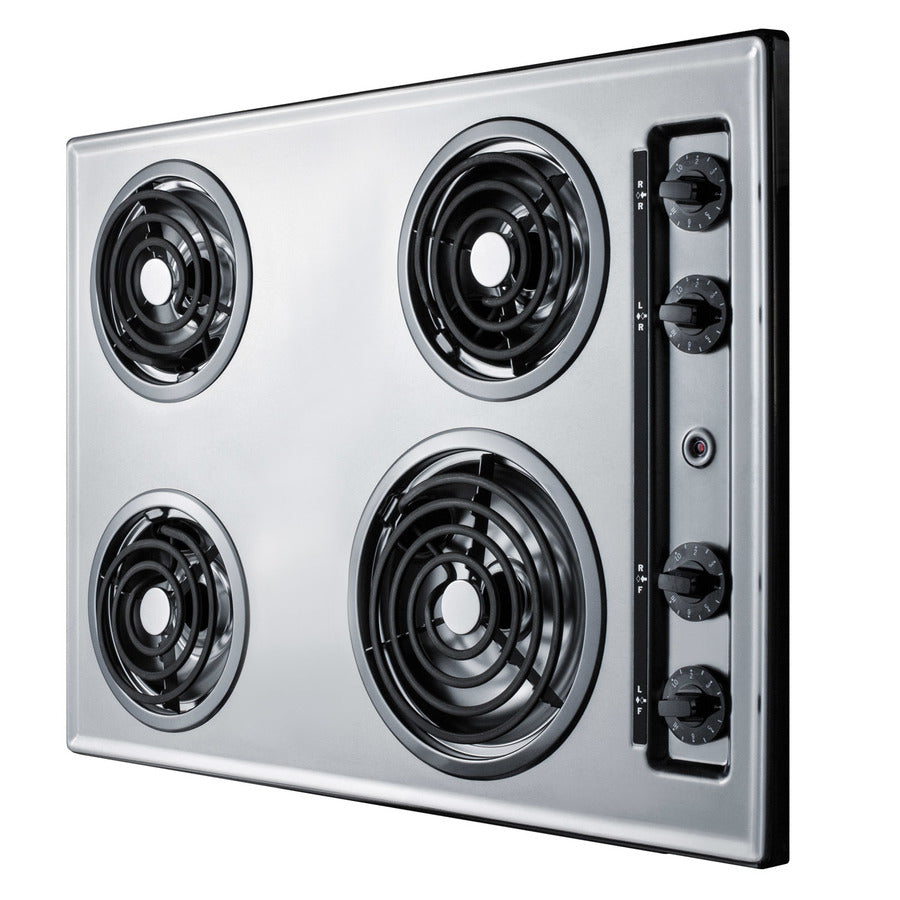 30" wide 4-burner cooktop with coil elements in chrome finish; made in the USA