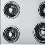 30" wide 4-burner cooktop with coil elements in chrome finish; made in the USA