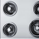 30" wide 4-burner cooktop with coil elements in chrome finish; made in the USA