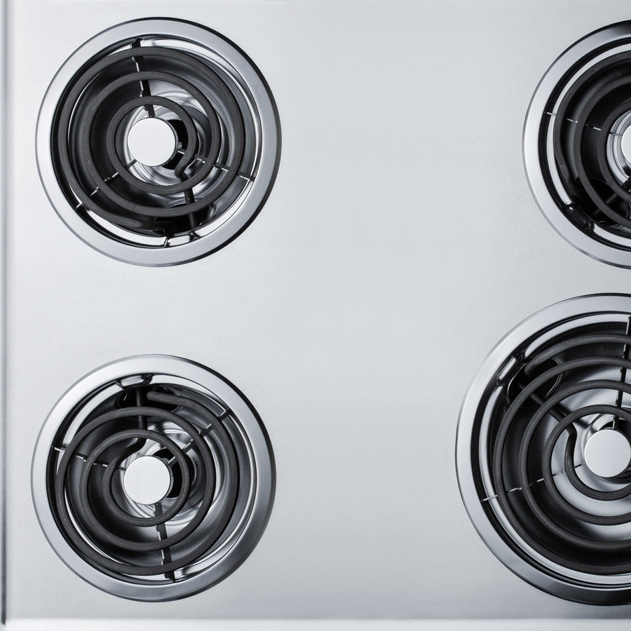 30" wide 4-burner cooktop with coil elements in chrome finish; made in the USA
