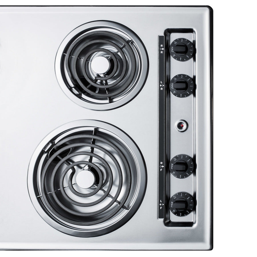 30" wide 4-burner cooktop with coil elements in chrome finish; made in the USA
