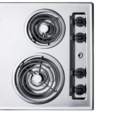 30" wide 4-burner cooktop with coil elements in chrome finish; made in the USA
