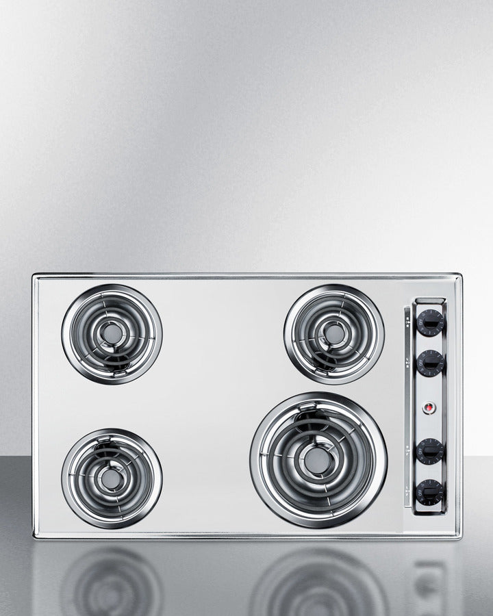30" wide 4-burner cooktop with coil elements in chrome finish; made in the USA