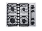 Accucold 24" wide gas cooktop with four sealed burners, chrome surface, and cast iron grates; made in the USA