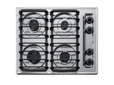 Accucold 24" wide gas cooktop with four sealed burners, chrome surface, and cast iron grates; made in the USA