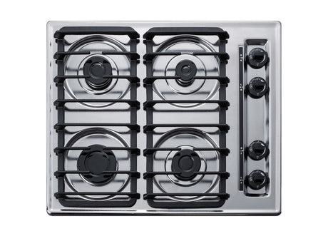 24" wide gas cooktop with four sealed burners, chrome surface, and cast iron grates; made in the USA