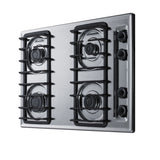30" wide gas cooktop with four sealed burners, chrome surface, and cast iron grates; made in the USA