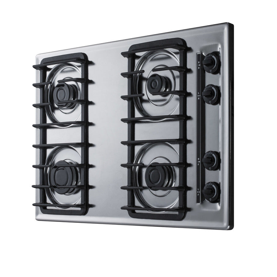 30" wide gas cooktop with four sealed burners, chrome surface, and cast iron grates; made in the USA