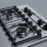 30" wide gas cooktop with four sealed burners, chrome surface, and cast iron grates; made in the USA