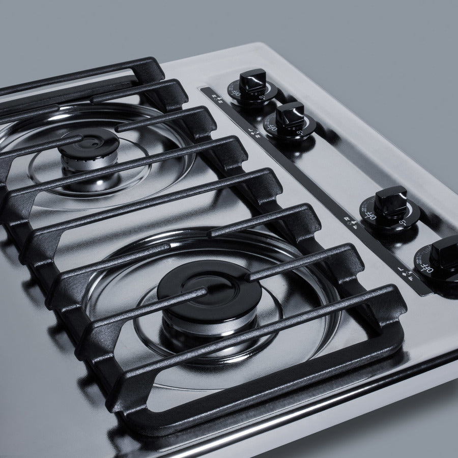 30" wide gas cooktop with four sealed burners, chrome surface, and cast iron grates; made in the USA