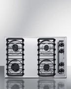30" wide gas cooktop with four sealed burners, chrome surface, and cast iron grates; made in the USA