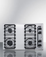 30" wide gas cooktop with four sealed burners, chrome surface, and cast iron grates; made in the USA