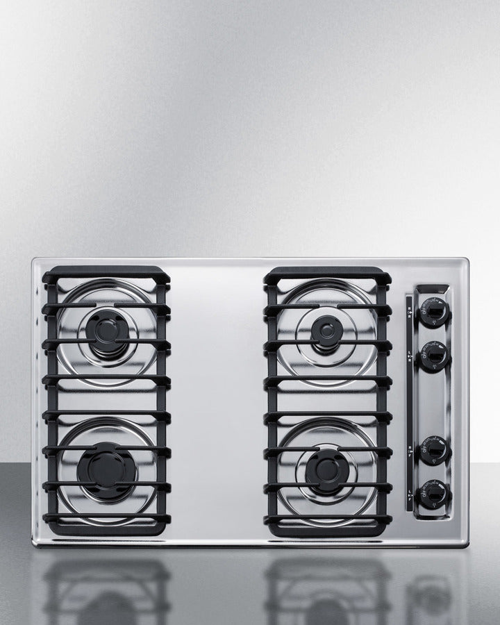 30" wide gas cooktop with four sealed burners, chrome surface, and cast iron grates; made in the USA
