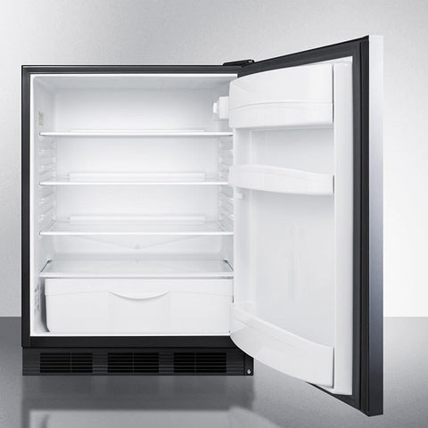 Accucold Built-in undercounter ADA compliant all-refrigerator with stainless steel door, black cabinet, door storage,