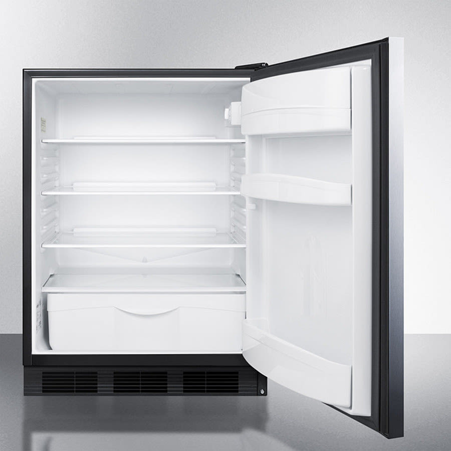 Accucold Built-in undercounter ADA compliant all-refrigerator with stainless steel door, black cabinet, door storage,