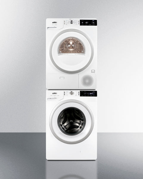 Accucold Laundry station with stackable or side-by-side front-opening 220V washer and heat pump dryer with single