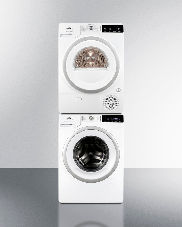 Accucold Laundry station with stackable or side-by-side front-opening 220V washer and heat pump dryer with single