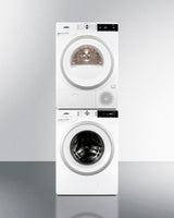 Accucold Laundry station with stackable or side-by-side front-opening 220V washer and heat pump dryer with single