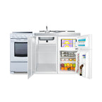 Accucold All-in-one combination kitchenette with refrigerator-freezer, sink, storage cabinet, and smooth-top range