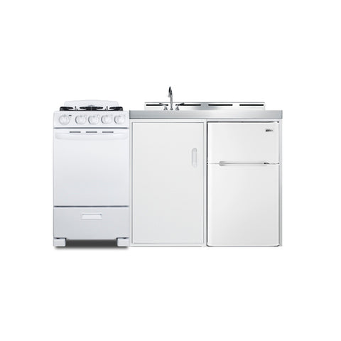 Accucold All-in-one combination kitchenette with refrigerator-freezer, sink, storage cabinet, and gas range (Model
