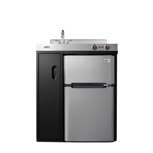 Accucold 30" wide all-in-one kitchenette with 2-burner 115V coil cooktop, refrigerator-freezer, sink, and storage