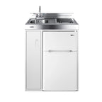 Accucold 30" wide all-in-one kitchenette with 2-burner 115V smooth-top cooktop, refrigerator-freezer, sink, and storage