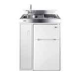 Accucold 30" wide all-in-one kitchenette with 2-burner 115V smooth-top cooktop, refrigerator-freezer, sink, and storage