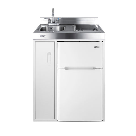 Accucold 30" wide all-in-one kitchenette with 2-burner 115V smooth-top cooktop, refrigerator-freezer, sink, and storage